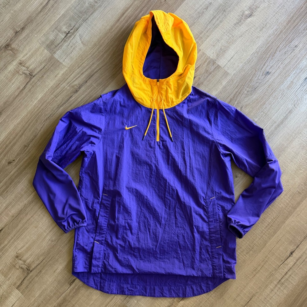 Nike Mens XL Purple Yellow Half Zip Hooded Windbreaker Jacket Pullover Mesh Vent